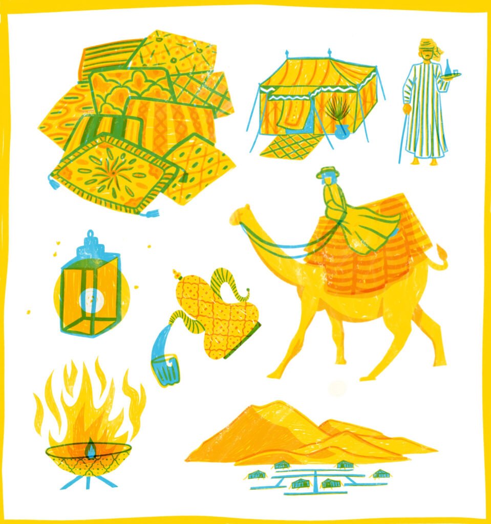 illustration of tourists activities in erg chebbi morocco sahara