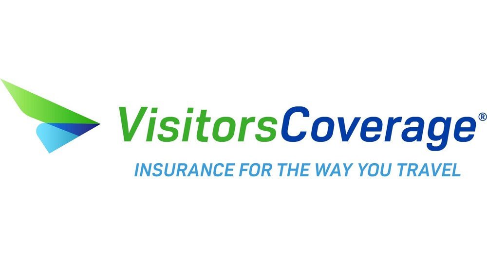 Logo featuring ‘VisitorsCoverage’ text in green and blue with a green and blue abstract design. Tagline: ‘Insurance for the way you travel.’