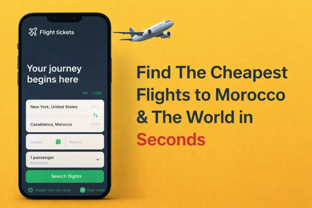 Yellow image with a picture of a phone that has a flight booking platform on its screen and text on the side saying: find the cheapest flights to Morocco and the world in seconds