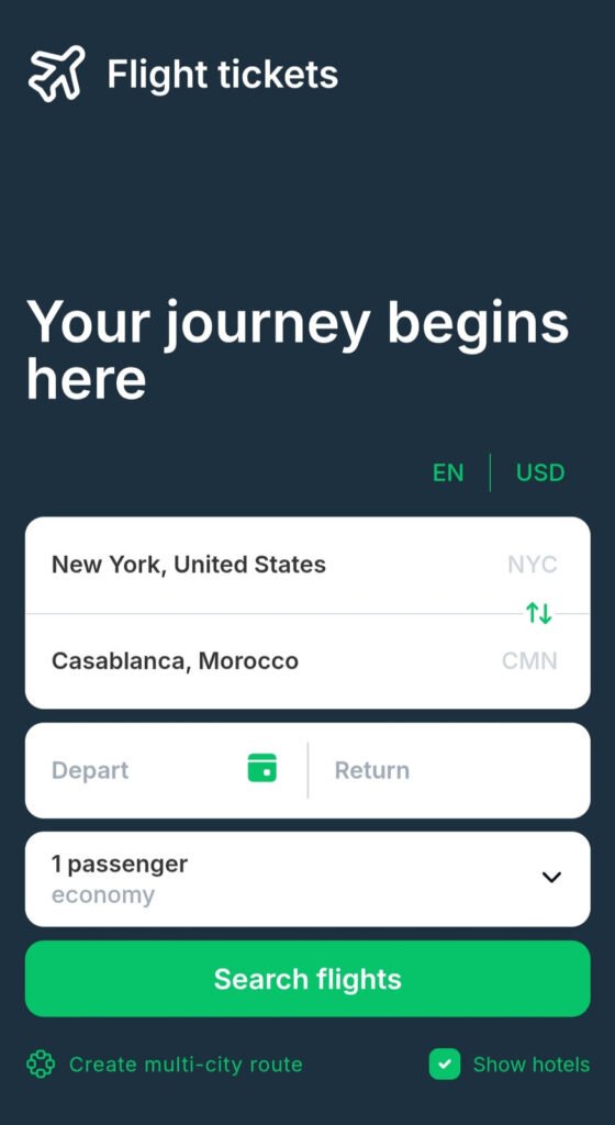 Cheap flights Platform interface on mobile showing a search attempt of new York to Morocco flights