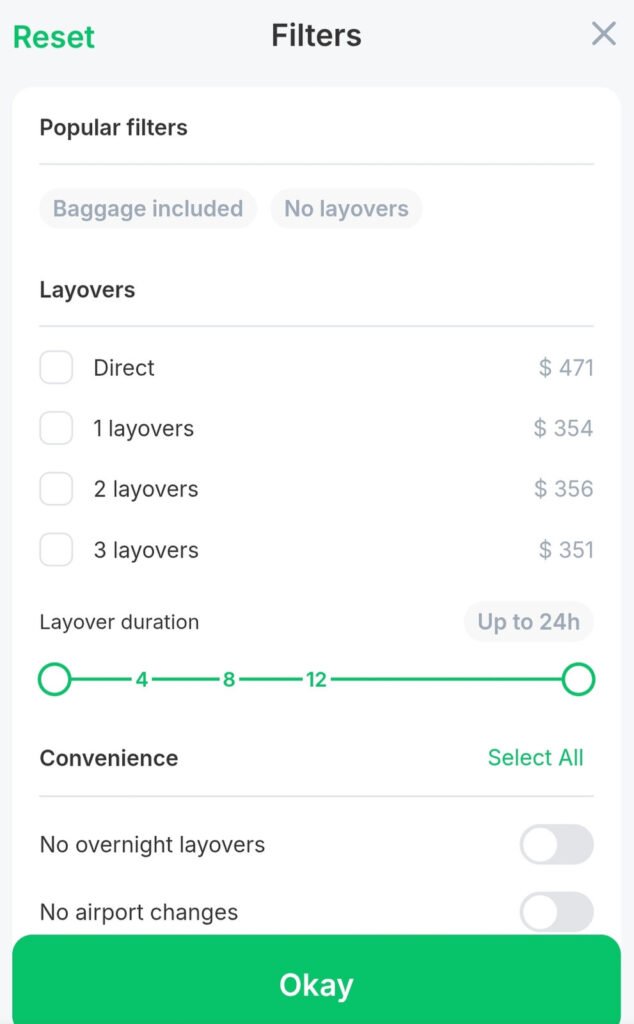 Filters used to search for the cheapest and comfortable flights to Morocco