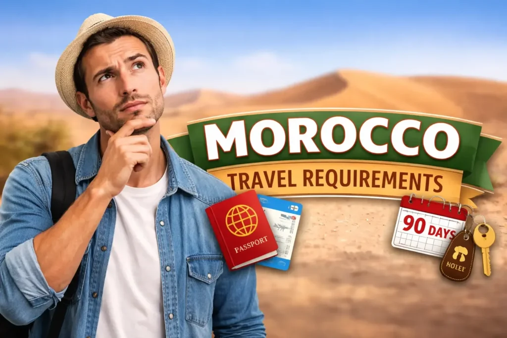 Man in denim shirt and hat ponders travel with passport and ticket. Background shows desert with Morocco travel requirements text. Mood is thoughtful.