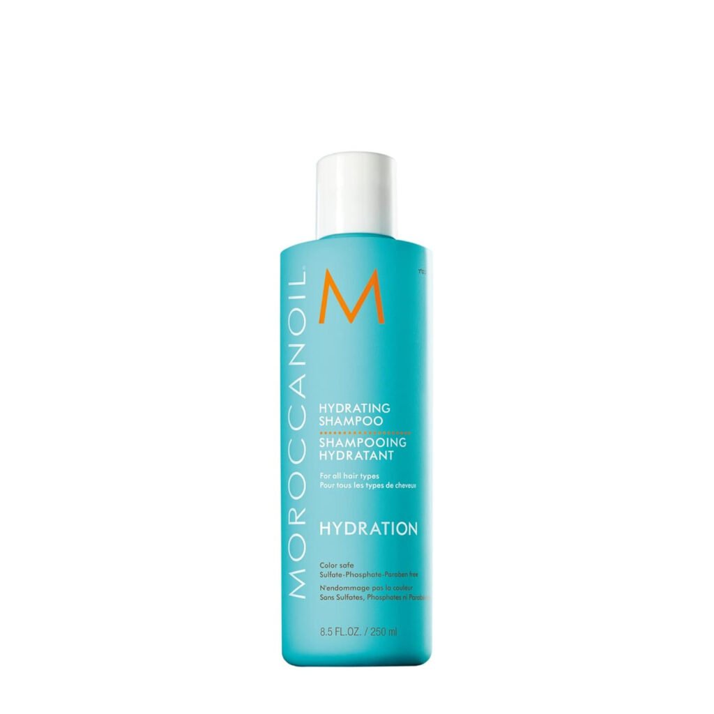 Blue bottle of Moroccanoil Hydrating Shampoo with white cap. Text highlights it’s sulfate-free, for all hair types, and 250 ml.