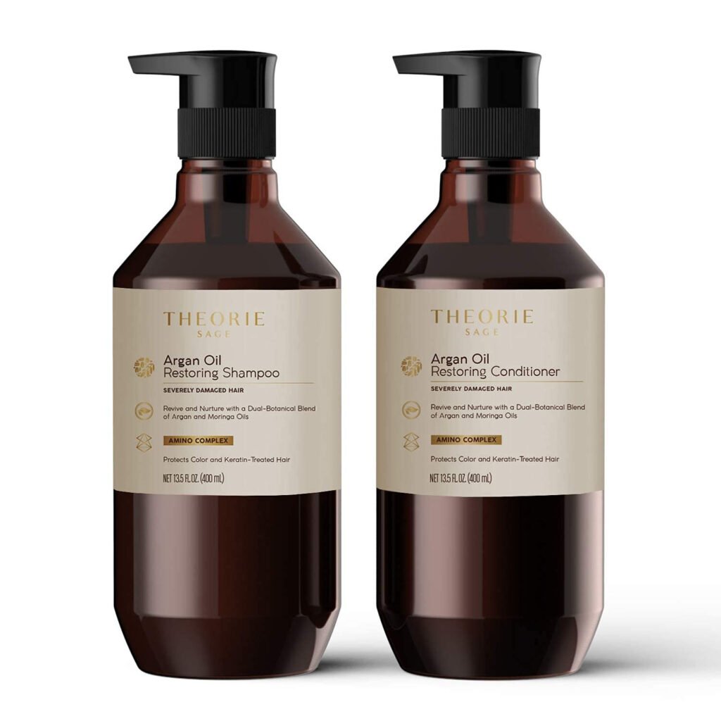 Bottles of Theorie Sage Argan Oil Restoring Shampoo and Conditioner for severely damaged hair on a white background. Labels detail product benefits.