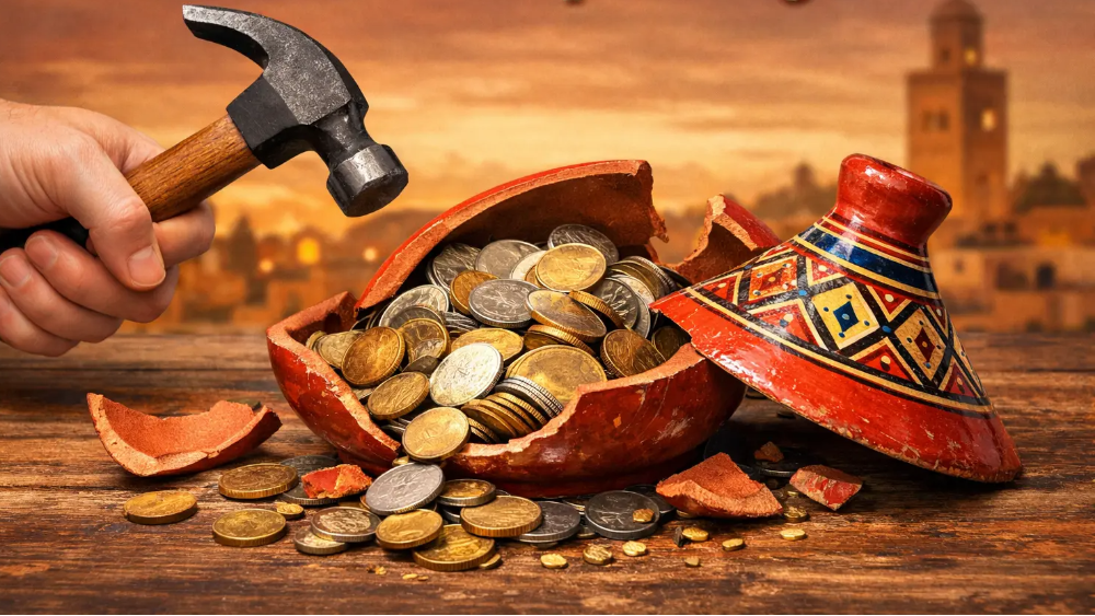 Hand with hammer breaks open a red, patterned pot spilling coins on a wooden table. Warm sunset cityscape in background suggests abundance.