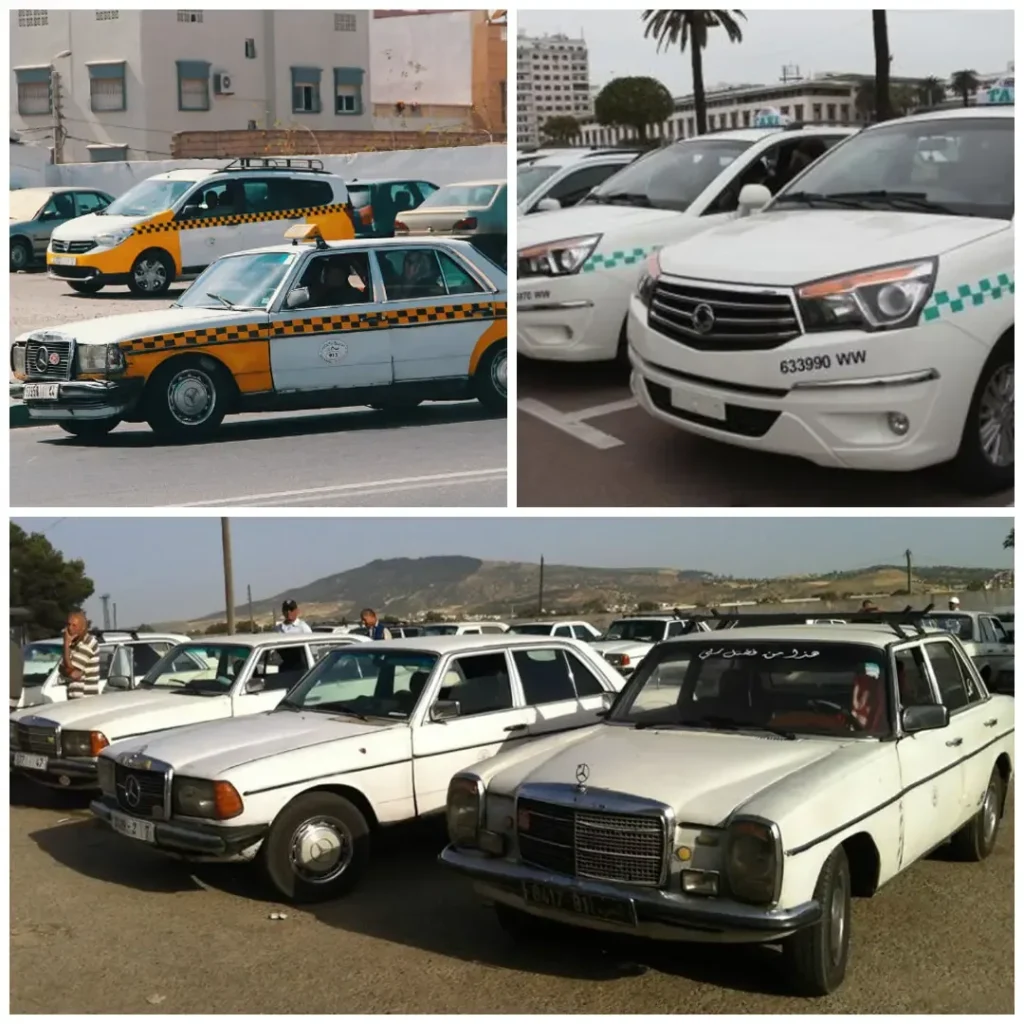 Collage de taxis marocains anciens et modernes, blancs et jaunes avec des motifs verts, garés ou sur la route.