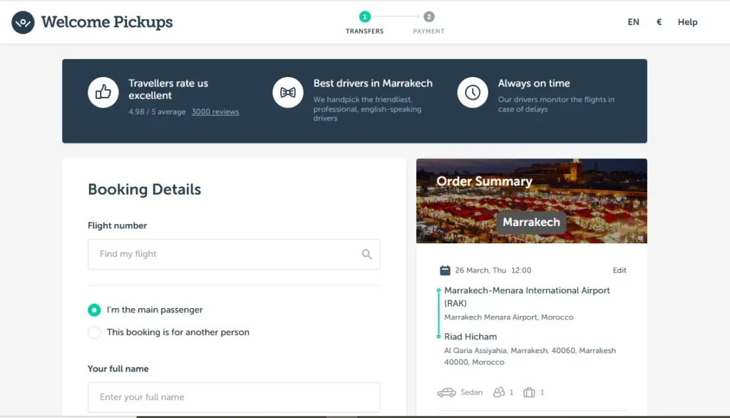 welcome pickups screenshot showing booking process