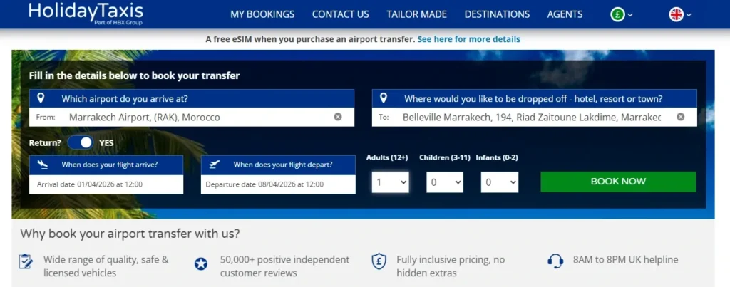 holidaytaxis website interface