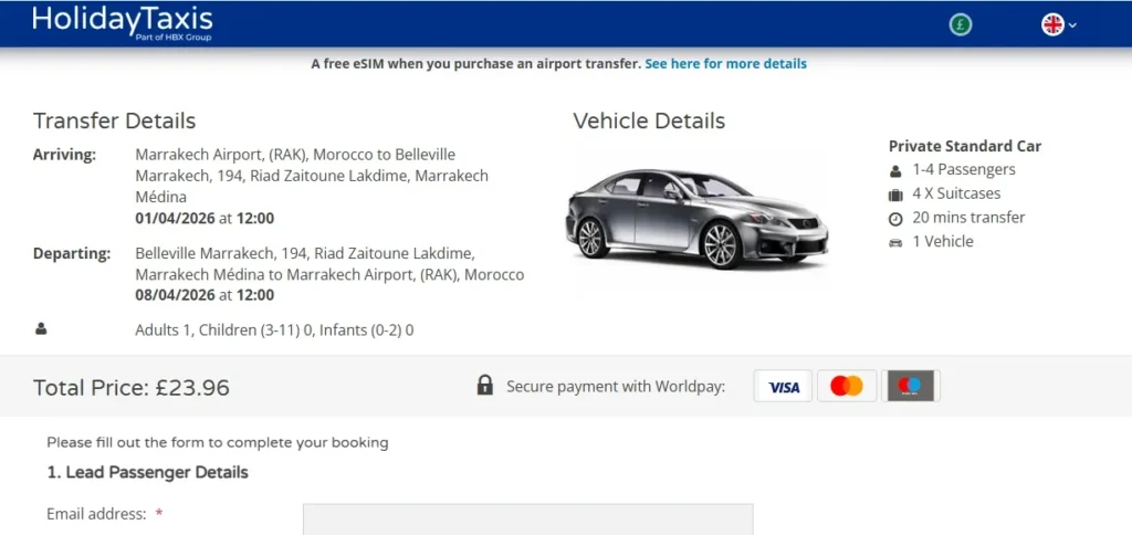 screenshot from holidaytaxis showing an example of booking process
