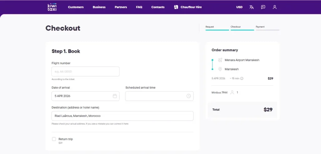 screenshot of kiwitaxi website showing booking process