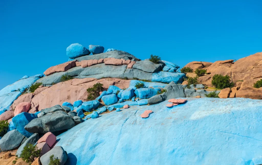 Blue and colorful rocks made by artists in the town of tafraoute Morocco